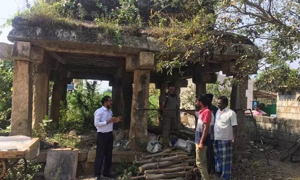 Archaeologist and CEO, Cultural Centre of Vijayawada and Amaravati  Dr E Sivanagireddy inspecting the dilapidated rest house, in Tirupati on Saturday