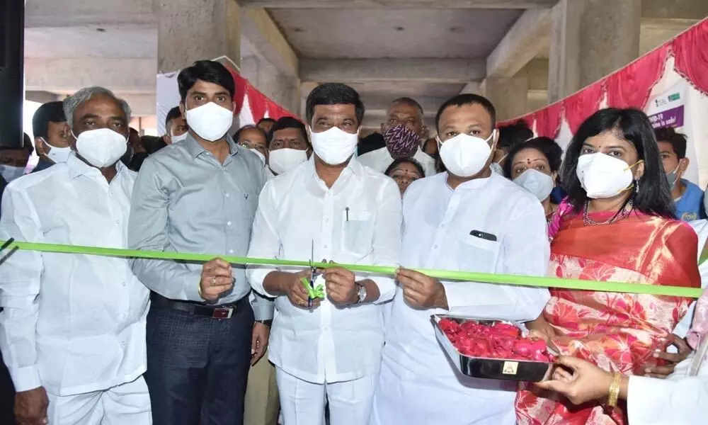 Minister Vemula Prashanth Reddy inaugurating the Covid-19 vaccination camp in Nizamabad on Saturday.