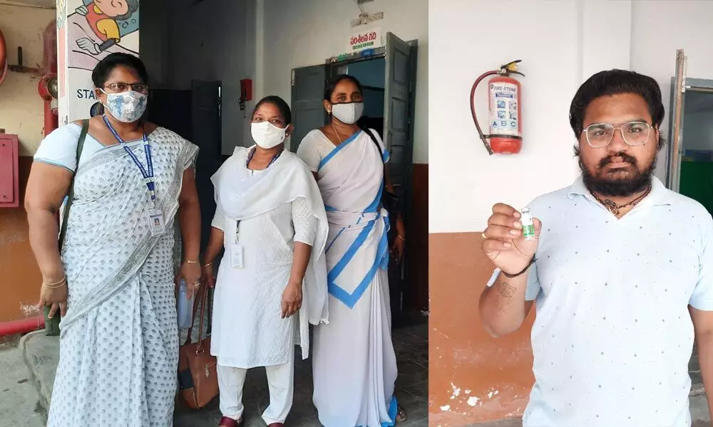 Health workers after vaccination at the centre set up at Missionary School in Kreesturajupuram and Dr K Tagore with the vaccine