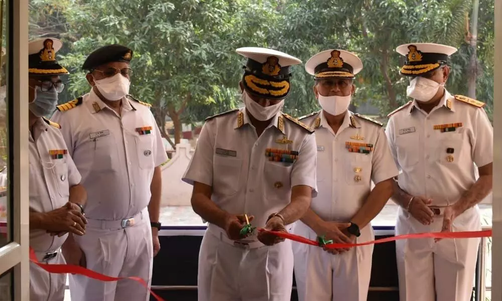 Flag Officer Commanding-in-Chief, Eastern Naval Command, Vice Admiral Atul Kumar Jain inaugurating the Covid vaccination centre at INHS Kalyani in Visakhapatnam on Saturday