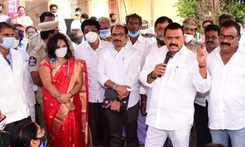 Transport Minister Perni Nani addressing health workers after launching the Covid vaccination drive in Machilipatnam, Krishna district on Saturday