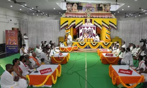 Temple authorities conducting Veda Sabha, Purnahuthi and Sadasyam programmes at Srisailam temple on Saturday