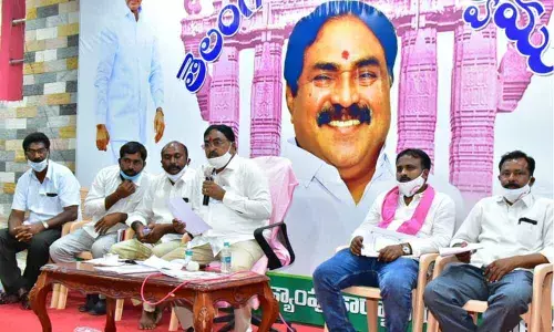 Panchayat Raj Minister Errabelli Dayakar Rao speaking at a meeting in Palakurthy on Sunday