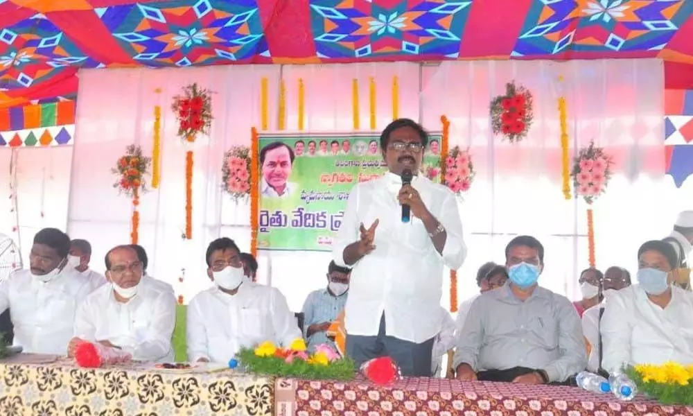Transport Minister P Ajay Kumar speaking at a meeting in Aswaraopet on Monday after inaugurating various development works
