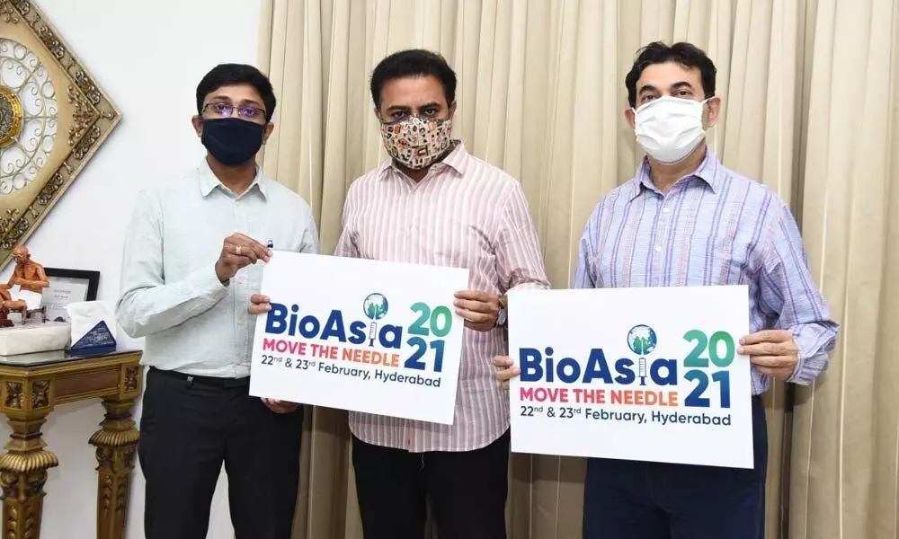 Industries Minister K T Rama Rao, along with Principal Secretary (I&C) Jayesh Ranjan and Shakthi Nagappan, Director of  Life Sciences and CEO of BioAsia, launching the logo and theme - ‘ Move the Needle’ - of BioAsia, in Hyderabad on Monday