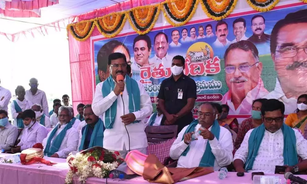 Agriculture Minister Singireddy Niranjan Reddy speaking at a programme after inaugurating Rythu Vedika