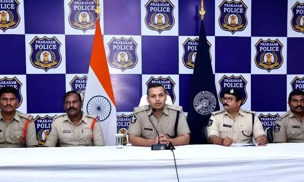 SP Siddharth Kaushal addressing a press meet in Ongole on Monday