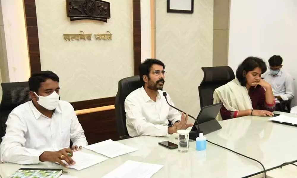 District Collector D Muralidhar Reddy holding a videoconference in Kakinada on Monday