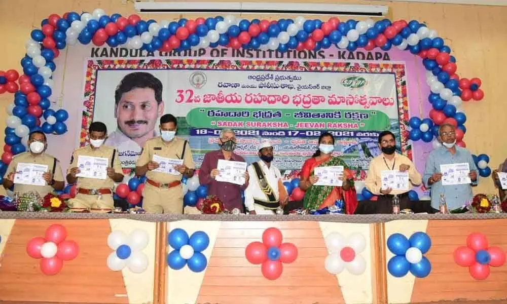 In-charge Collector M Gouthami releasing a brochure on 32nd Road Safety celebrations in Kadapa on Monday.