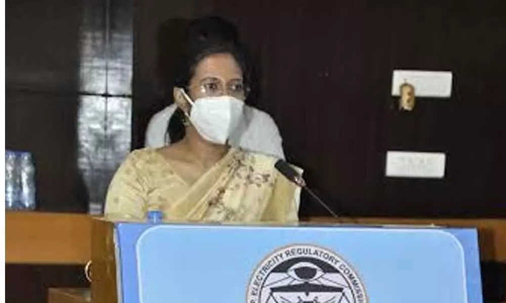 Chairperson and Managing Director of APEPDCL Nagalakshmi Selvarajan speaking at the public hearing in Visakhapatnam on Monday
