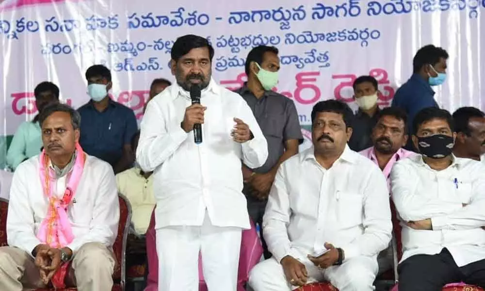 Energy Minister G Jagadish Reddy addressing the participants at a preparatory meeting of Graduate MLC election at Halia on Tuesday