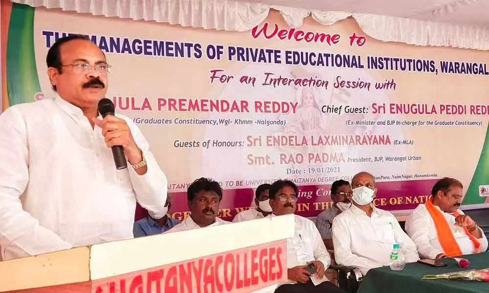 Former Minister and senior BJP leader Enugala Peddi Reddy speaking at a meeting in Hanamkonda on Tuesday