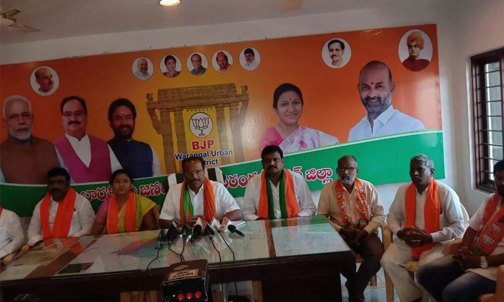 BJP former State president N Indrasena Reddy speaking at a press meet in Warangal on Wednesday