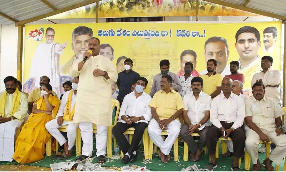 TDP State president K Atchannaidu addressing party workers in Tirupati on Wednesday.
