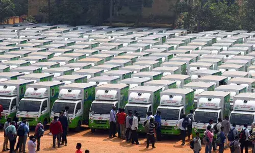 Ration delivery vehicles ready for inauguration by Chief Minister YS Jagan Mohan Reddy in Vijayawada on Wednesday