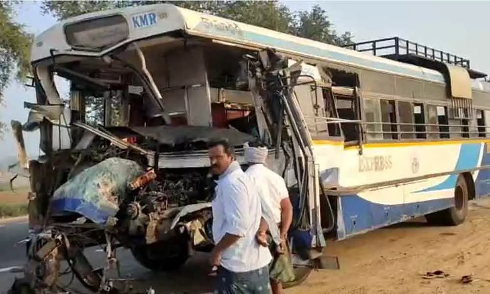 20 passengers injured as TSRTC bus collided with lorry in Guntur