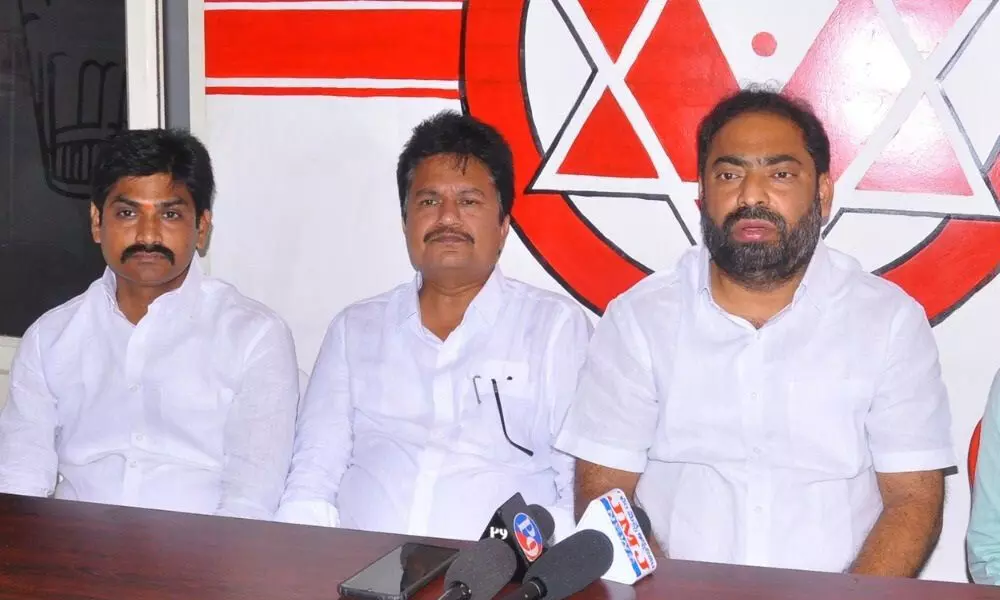 Jana Sena leaders Riyaaz, Saibaba and others addressing  a press meet in Ongole on Thursday
