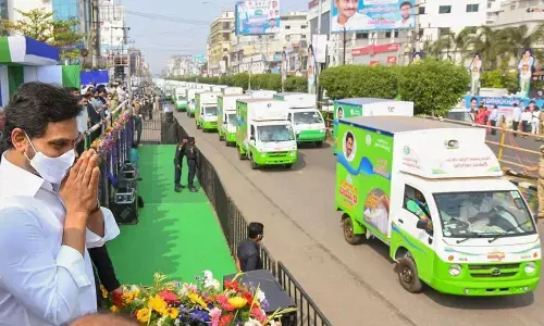 Andhra Pradesh Chief Minister YS Jagan Mohan Reddy during the inauguration of ration door delivery vehicles, in Vijayawada on Thursday