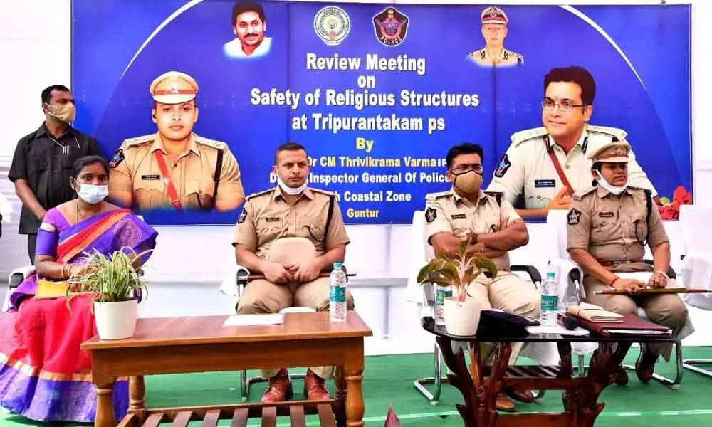 Guntur DIG Dr CM Trivikram Varma and Prakasam SP Siddharth Kaushal addressing members of various committees to protect religious structures at a review meeting in Tripurantakam on Friday