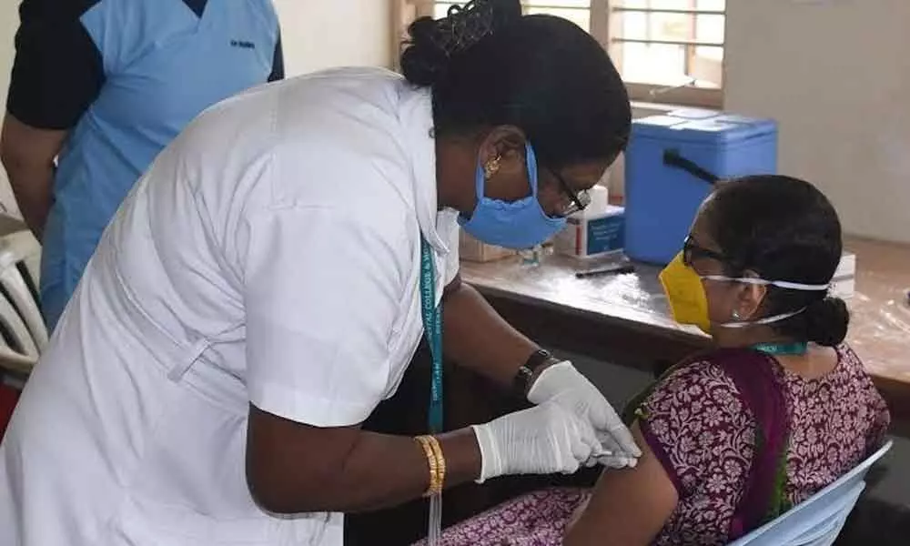 A beneficiary getting vaccinated at GITAM Dental College and Hospital in Visakhapatnam on Friday