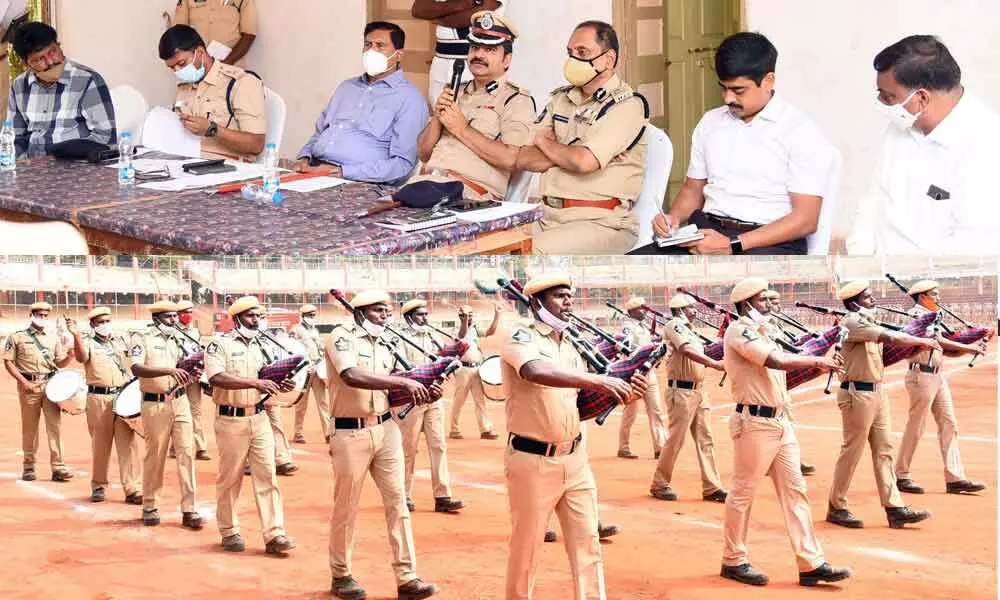 IG (APSP) Shankara Brata Bagchi and Commissioner of Police B Srinivasulu addressing the media at Indira Gandhi Stadium after the rehearsal for Republic Day Parade in Vijayawada on Friday