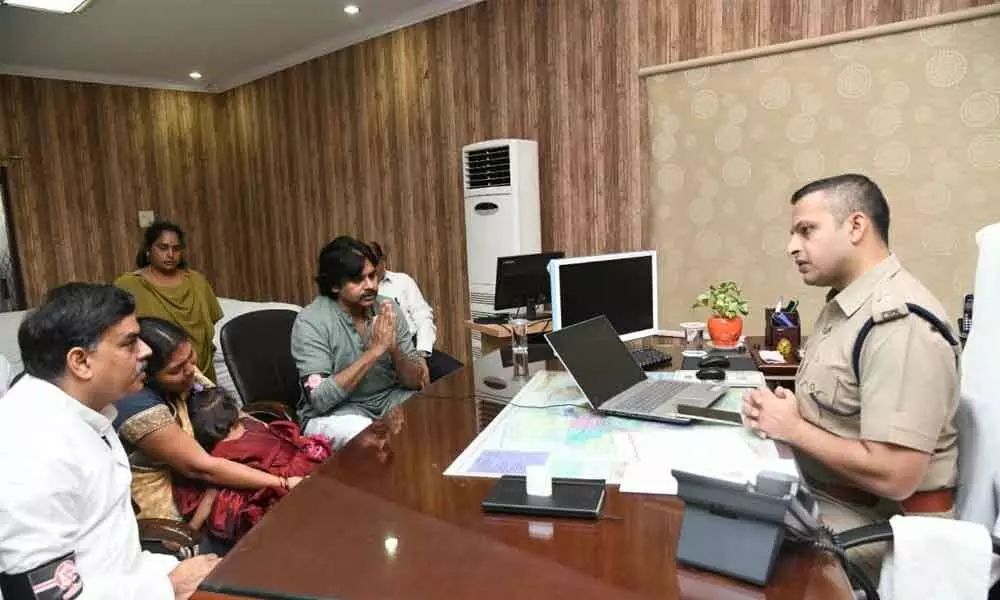 Jana Sena chief Pawan Kalyan, party leader Nadendla Manohar meet SP Siddharth Kaushal with the family of deceased party activist B Vengaiah Naidu, to seek action against the culprits, in Ongole on Saturday