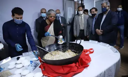 Union Finance Minister Nirmala Sitharaman with MoS Anurag Singh Thakur at Halwa Ceremony, at North Block in New Delhi on Saturday