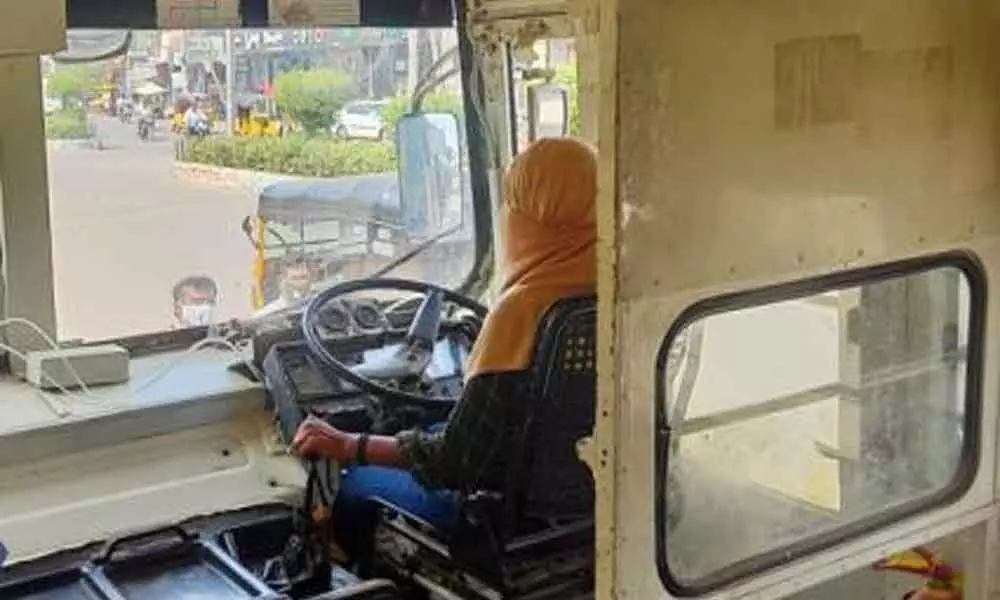 Woman inspires by attending bus driver training at APSRTC depot in Kadapa