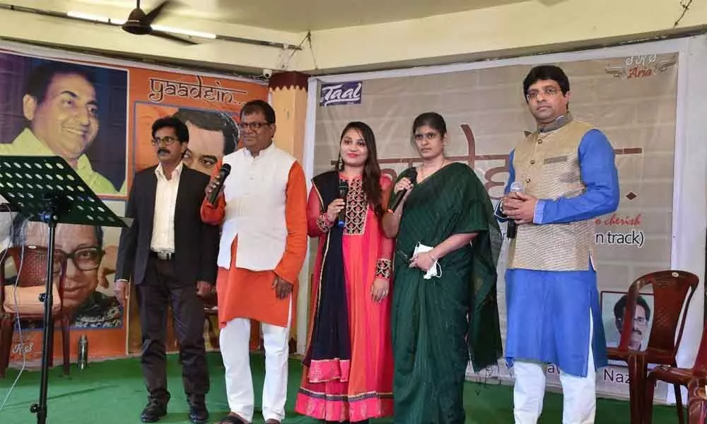 Anchor Md Nazeer, singers Sridhar, Pragnya, Dr Bhagyasri and Shahnawaz at the Yadein programme in Vijayawada on Saturday
