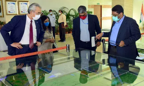 Sri City MD Ravindra Sannaredddy briefing APIIC MD Raveen Kumar Reddy and Kazumi Ikarsashi on facilities in Sri City on Sunday