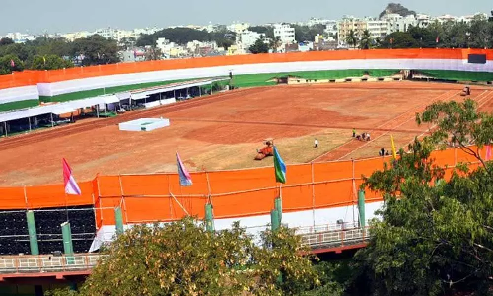 A view of Indira Gandhi Municipal Corporation Stadium decorated for Republic Day celebrations in Vijayawada on Monday