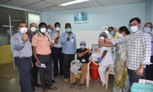 Beneficiaries getting vaccinated at Visakha Steel General Hospital, session site, at Ukkunagaram in Visakhapatnam on Monday