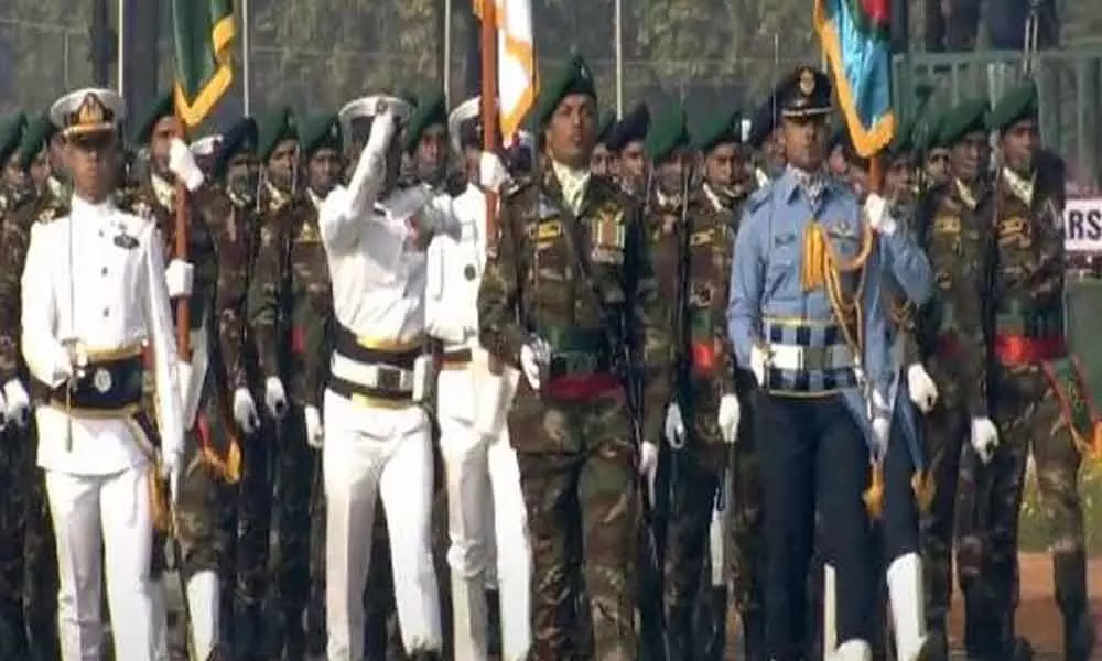 A marching contingent and band of Bangladesh tri-services participated in the Republic Day Parade to commemorate 50 years of its historic liberation.