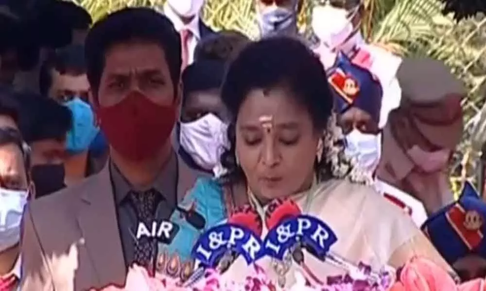 Tamilisai Soundararajan  Addressing the gathering after hoisting TTI colour at Public Gardens on the occasion of 72nd Republic Day