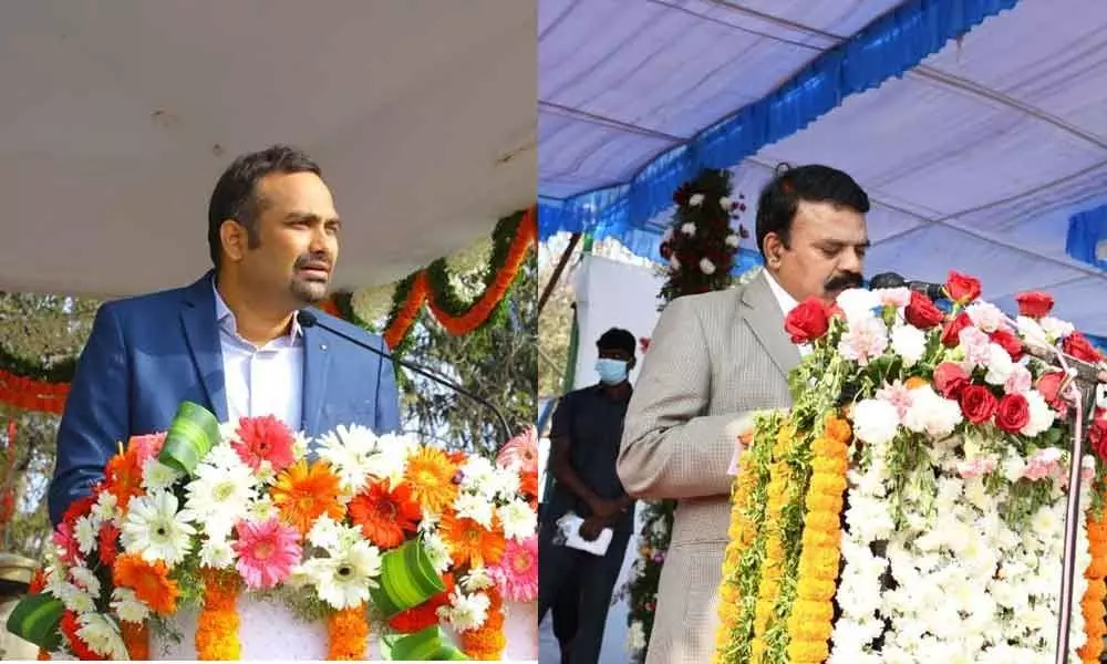 Khammam District Collector RV Karnan and (right) Bhadradri-Kothagudem District Collector Dr MV Reddy speaking at a programme on Republic Day celebrations on Tuesday