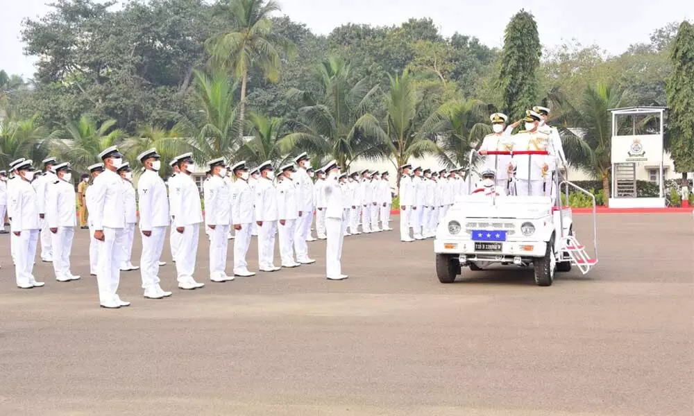 Flag Officer Commanding-in-Chief, ENC, Vice-Admiral Atul Kumar Jain reviewing the platoons during the Republic Day parade in Visakhapatnam on Tuesday