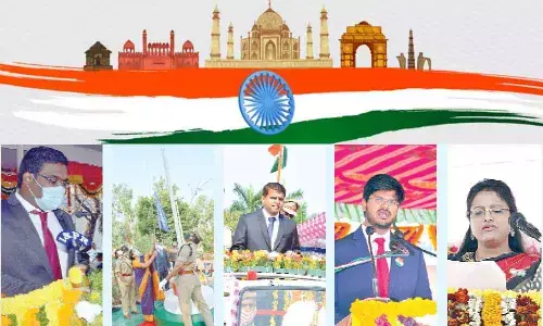 Warangal Urban District Collector Rajeev Gandhi Hanumanthu, Warangal Rural District Collector M Haritha, Bhupalpally District in-charge Collector Krishna Aditya, Mahabubabad District Collector VP Gautham and Jangaon District Collector K Nikhila participating in Republic Day celerbations