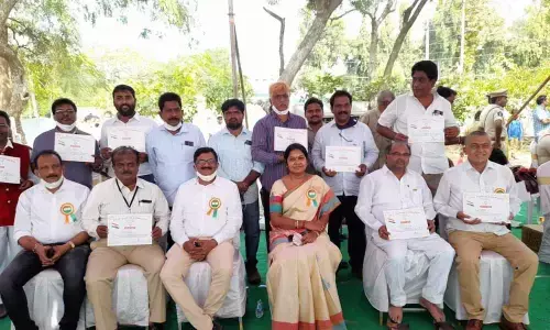 District Collector I Samuel Anand Kumar addressing a meeting held at Police Parade Grounds on 72nd Republic Day celebrations in Guntur on Tuesday