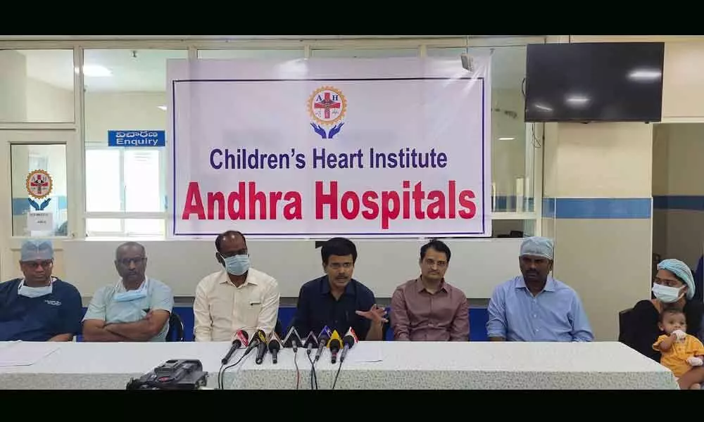 Andhra Hospitals director Dr P V Rama Rao addressing a press meet along with Dr Dilip and his team in Vijayawada, on Wednesday