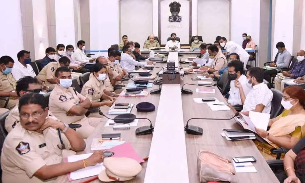 Collector D Muralidhar Reddy and SPs Adnan Nayeem Asmi, Dr Shemushi Bajpayee and Joint Collector Keerthi Chekuri attending the videoconference of State Election Commissioner