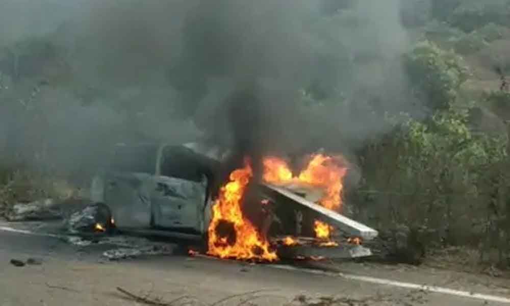 Two dead and three injured as car catches fire after hitting electricity  pole in Jaggampeta