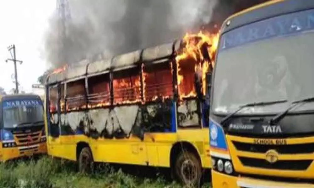 Narayana College buses burnt in fire at Pendurthy of Visakhapatnam