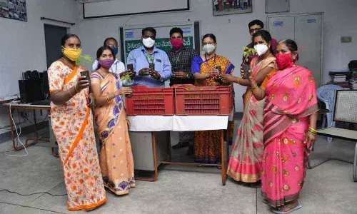 NTPC HR Head Vijaya Lakshmi M and others distributing papaya saplings to farmers at a programme at Vocational Training Centre in Ramagundam on Thursday