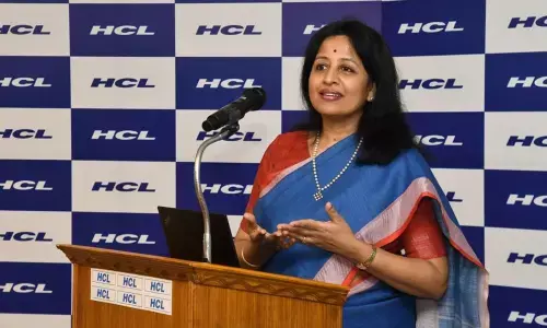 Srimathi Shivashankar, Corporate Vice-President, HCL Technologies, addressing the media at Gannavaram HCL campus in Vijayawada on Thursday