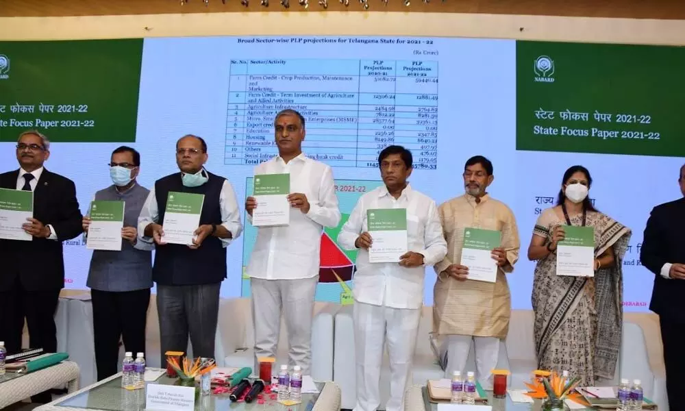 Finance Minister T Harish Rao releasing State credit plan at the State Level Bankers’ Committee (SLBC) meeting in Hyderabad on Friday