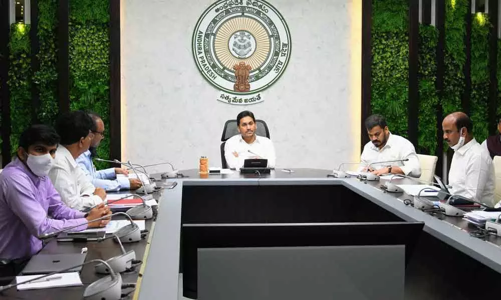 Chief Minister Y S Jagan Mohan Reddy reviews progress on prioirty irrigation projects at his camp office in Tadepalli on Friday