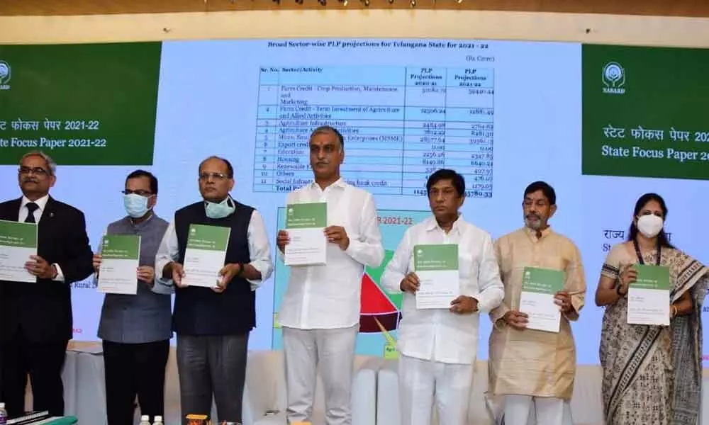 Finance Minister T Harish Rao releasing State credit plan at the State Level Bankers’ Committee (SLBC) meeting in Hyderabad on Friday