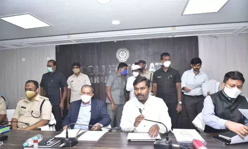 State Election Commissioner Nimmagadda Ramesh Kumar reviewing panchayat poll arrangements with Collector Gandham Chandrudu and SP B Sathya Yesu Babu at Revenue Bhavan in Anantapur on Friday. Joint Collectors Dr A Siri, Nishanth Kumar and Gangadhar Goud are also seen.