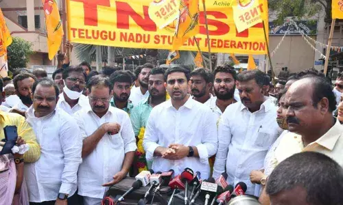 TDP national general secretary Nara Lokesh addressing the media at sub-jail in Guntur on Friday