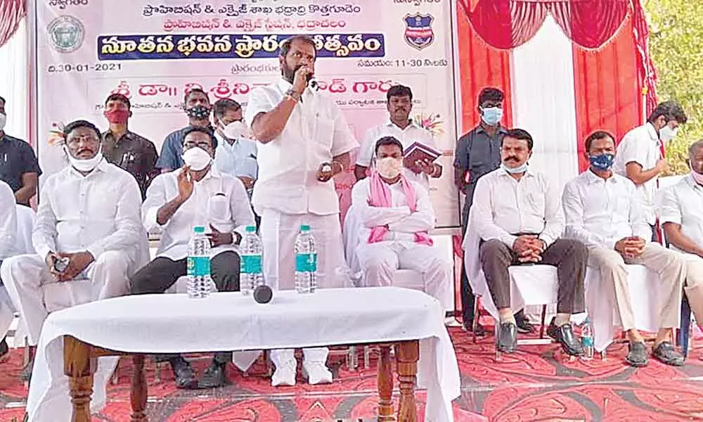 Tourism Minister V Srinivas Goud addressing the media after inaugurating the new building of the Excise office